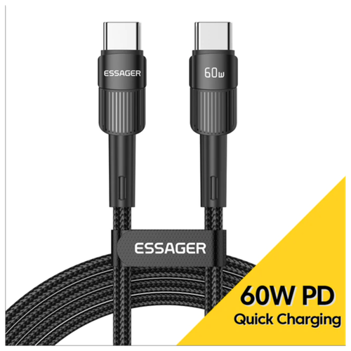 Кабель зарядный Essager USB Type-C, 60 Вт, с поддержкой быстрой зарядки, черный 1м усиленный