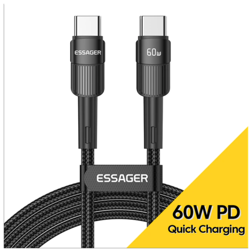 Кабель зарядный Essager USB Type-C, 60 Вт, с поддержкой быстрой зарядки, черный 1м усиленный кабель зарядный essager usb type c 100 вт с поддержкой быстрой зарядки черный 2м