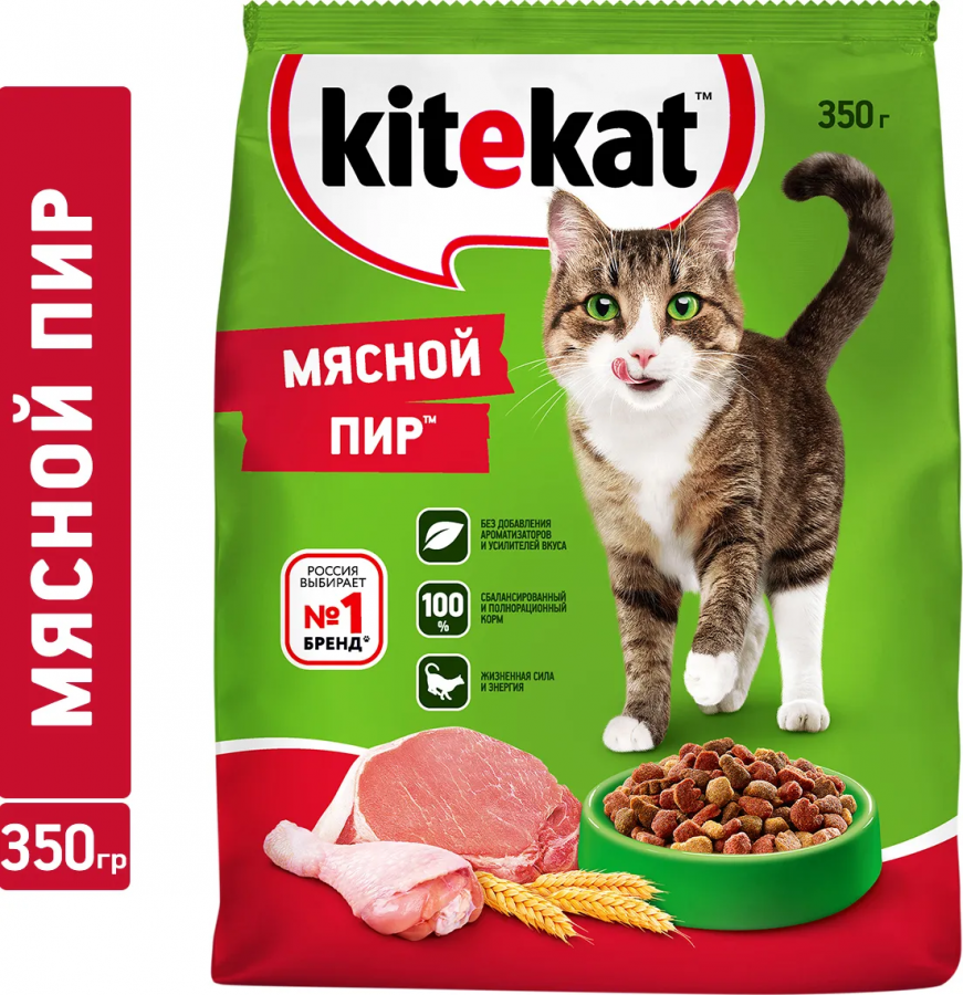 Корм сухой Kitekat для взрослых кошек, мясной пир, 350 г