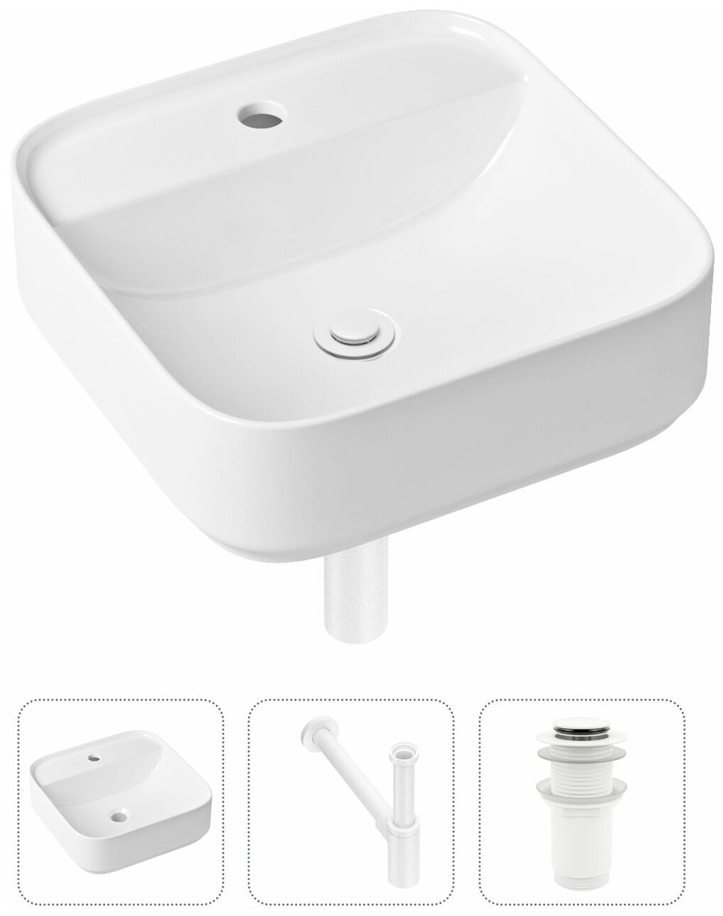 Комплект 3 в 1 Lavinia Boho Bathroom Sink 21520283: накладная фарфоровая раковина 42 см, металлический сифон, донный клапан