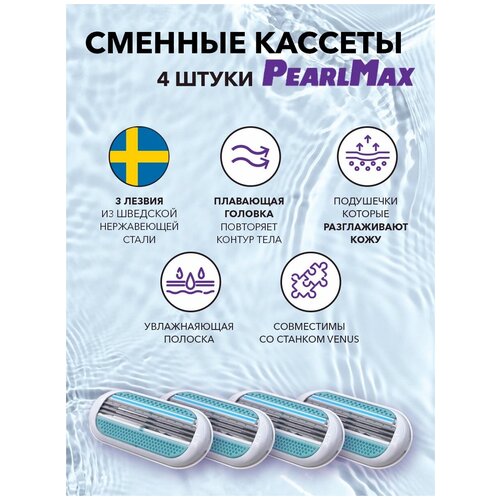 Сменные кассеты для бритвы PearlMax Soft Touch mini 3 лезвия произведены в Швеции 4 штуки
