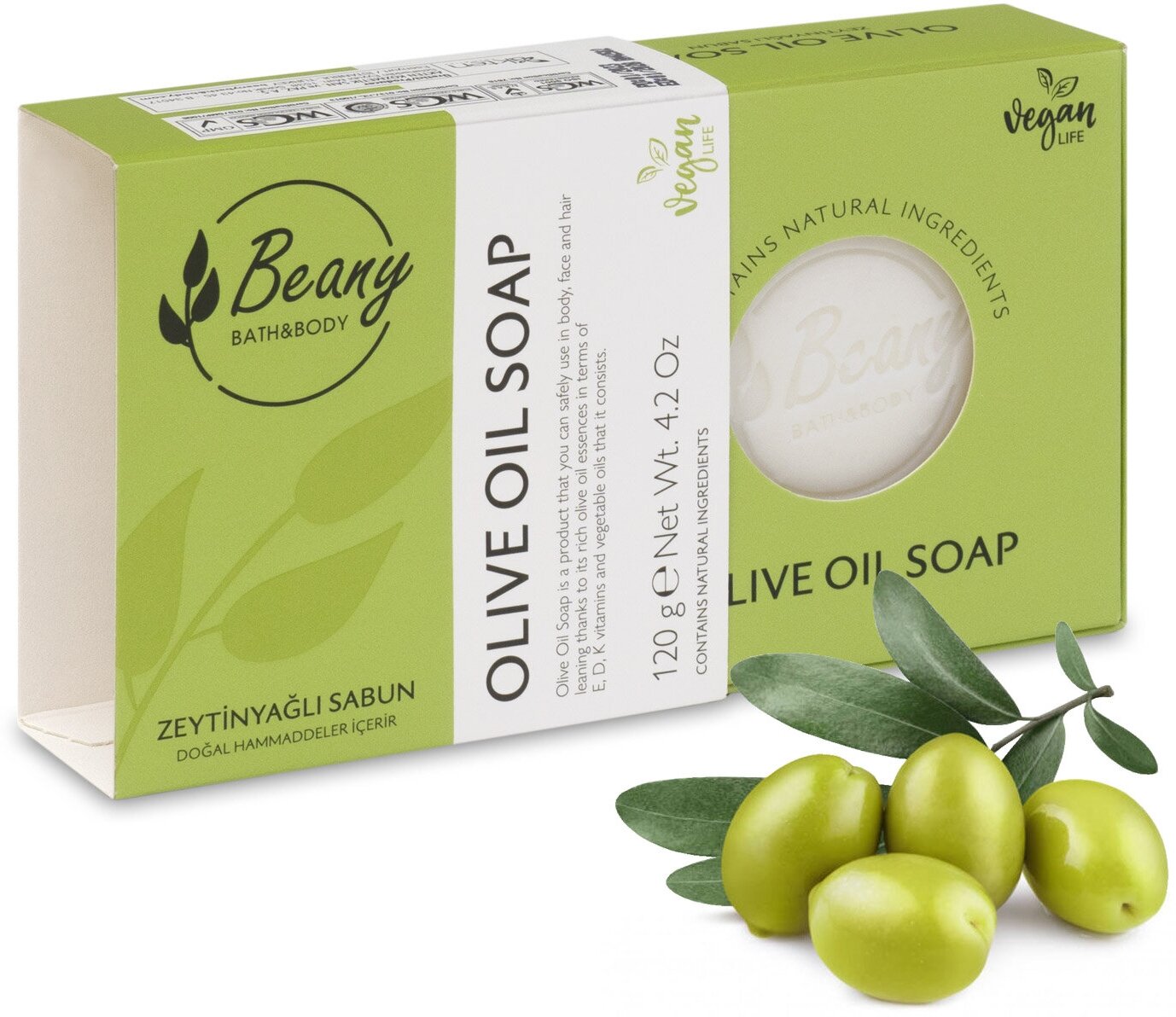 Мыло Beany твердое натуральное турецкое "Olive Oil Soap" с оливковым маслом