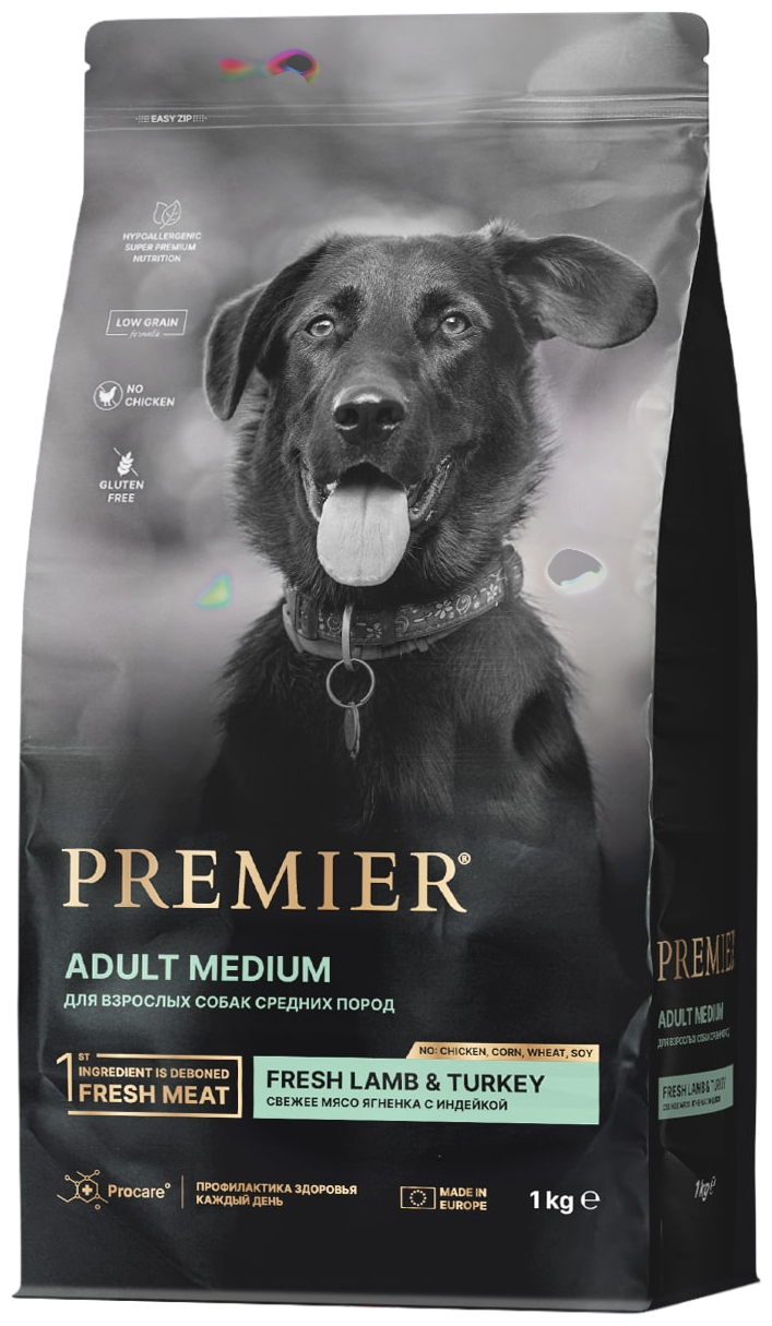Сухой корм для взрослых собак Premier при чувствительном пищеварении, ягненок с индейкой 1 уп. х 1 шт. х 1 кг (для средних пород)