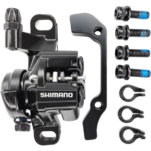 Тормоз дисковый (калипер) механический, Shimano BR-M375, с адаптером, болтами и колодками, R160/F180, черный