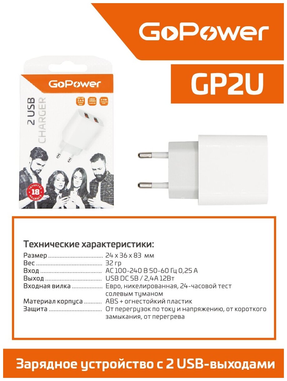 Сетевое зарядное устройство GoPower GP1U 2USB 2.4A 12W белый