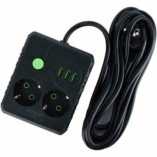 Сетевой удлинитель с USB Amper JH-1034U-4B 2 розетки 3usb 2500 Вт 10А 40м черный 720₽