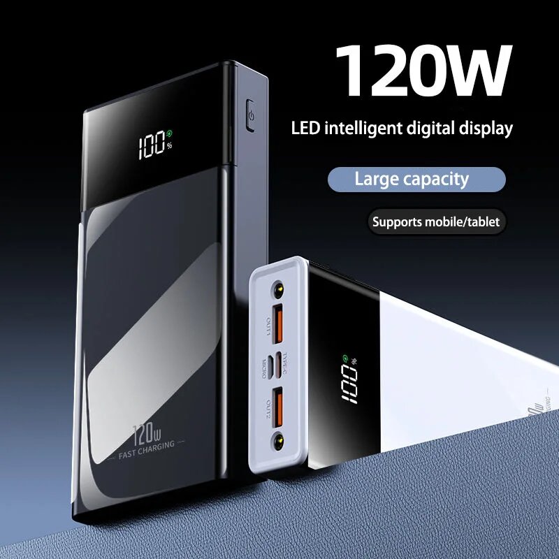 Power Bank большой емкости Xiaomi 120 Вт 100000 Портативное зарядное устройство Powerbank с быстрой зарядкой мАч для iPhone Samsung Huawei, Black 100000mAh — фото 1