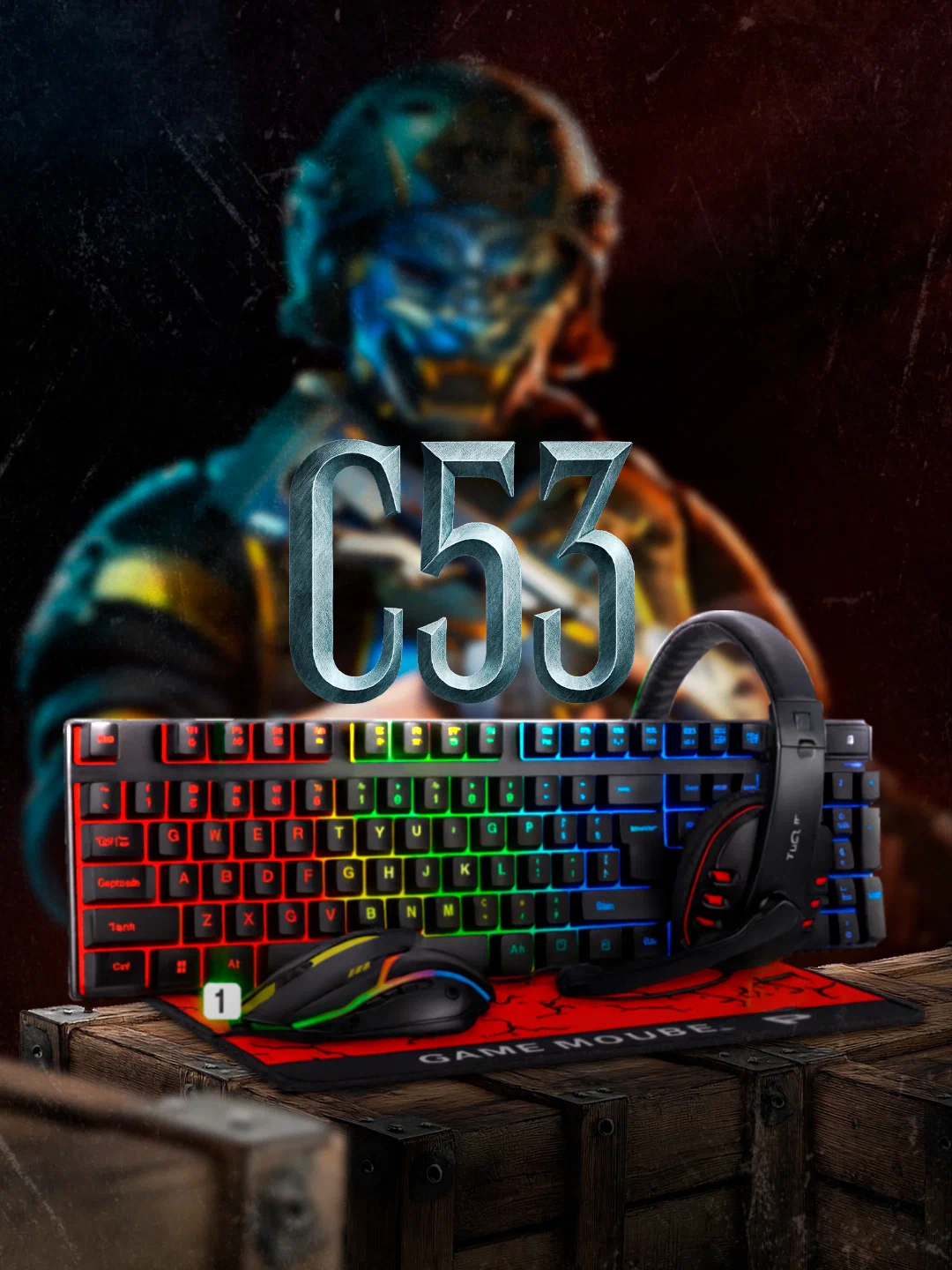 Игровой набор клавиатура Savdo "C53", RGB-подсветкой, 4 в 1, USB-интерфейс, красный/черный