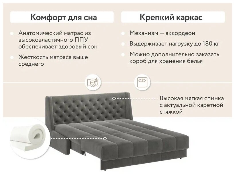 Диван тканевый прямой D1 furniture Ричмонд 160 НзПБ серый - фотография № 8