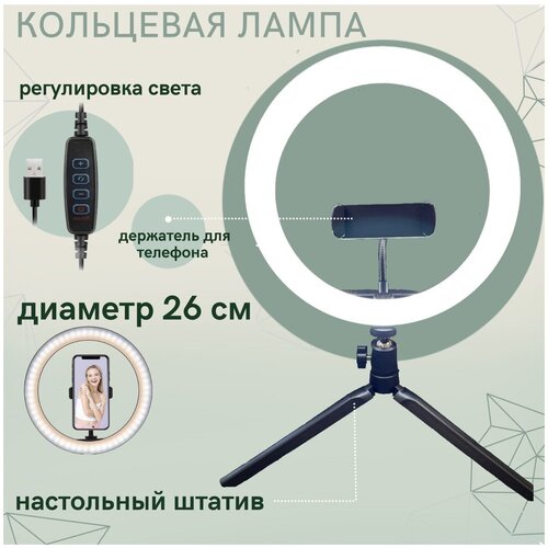 Кольцевая лампа 26 см с настольным штативом и держателем для телефона Регулировка яркости и температуры света 99000₽