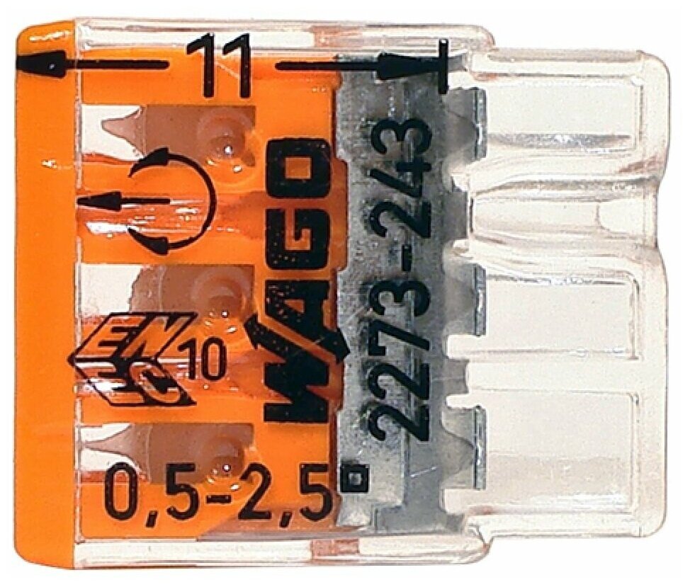 Клемма 3х(0.5-2.5мм) 3-х проводн. для распред. короб. (с контактн. пастой "Alu-Plus") WAGO 2273-243 ( упак.5шт.)
