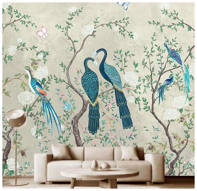 Фотообои на стену флизелиновые Модный Дом "Птицы на ветвях цветущих деревьев на сером фоне" 300x270 см (ШxВ), фотообои природа, птицы, фреска