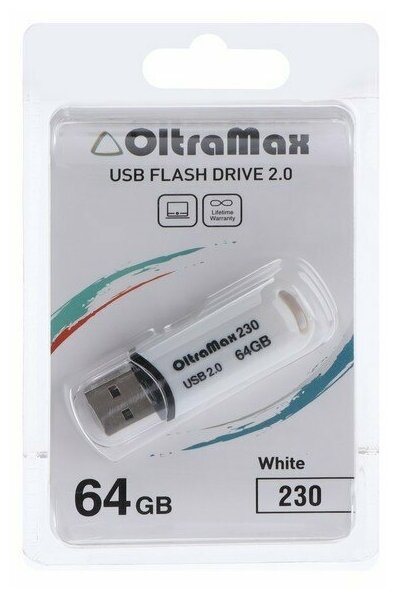 Флешка OltraMax 230, 64 Гб, USB2.0, чт до 15 Мб/с, зап до 8 Мб/с, белая