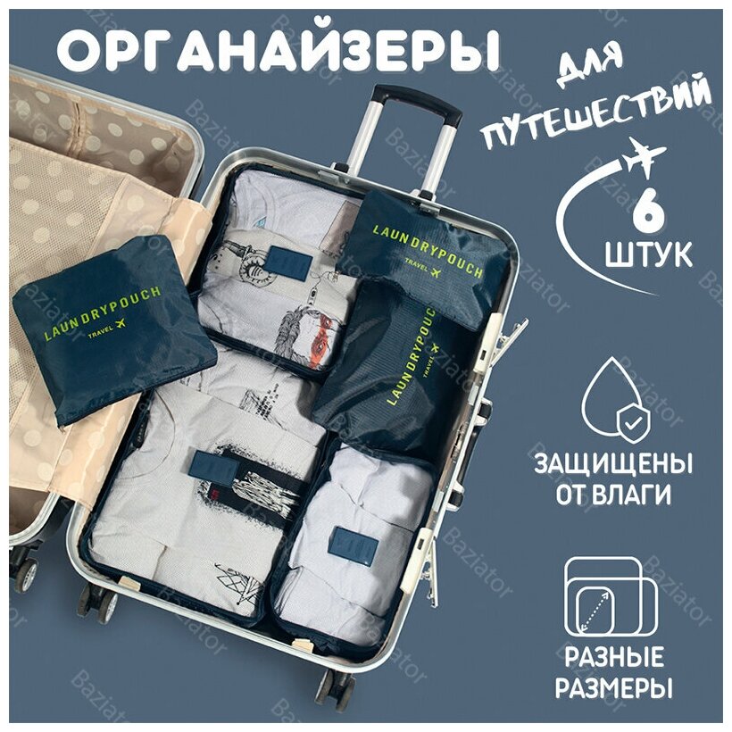 Дорожный органайзер для чемодана из 6 штук LAUNDRY POUCH, набор для путешествий и хранения вещей в чемодане, синий - фотография № 4