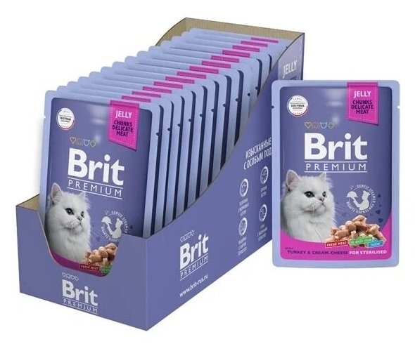 Влажный корм для стерилизованных кошек Brit Premium с индейкой и сыром 14 шт. х 85 г (кусочки в желе) - фотография № 9