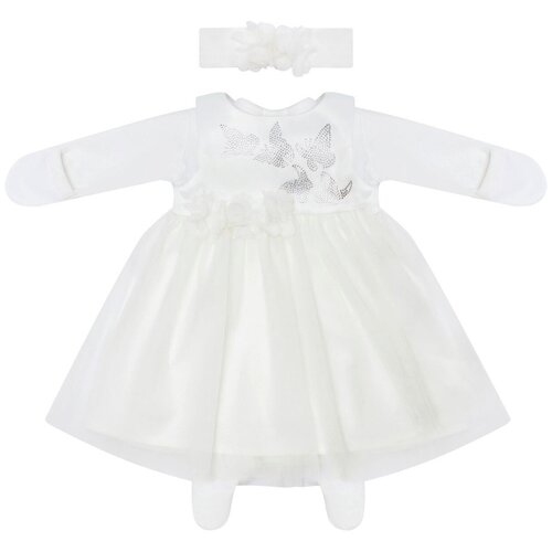 Комплект на выписку Luxury Baby Бабочка комбинезон и платье молочное с молочной юбкой, айвори 56