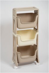 Этажерка на колесиках Джуниор 3 яруса, цвет латте - слоновая кость / детский пластиковый органайзер для хранения / подставка напольная на колесах