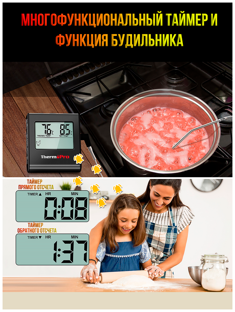 Термощуп/ Кулинарный термометр с термощупом/ Термометр для мяса/ ThermoPro TP-16 Черный / Инструкция на русском языке