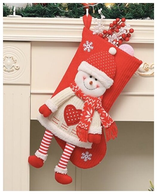 Новогоднее праздничное украшение "Рождественский чулок для конфет со Снеговиком"