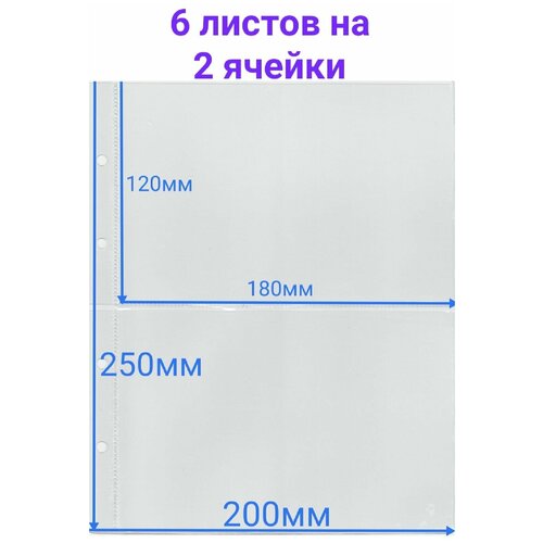 Листы для банкнот, купюр в альбом Optima 200 х 250 мм, на 2 ячейки 120 х 180 мм, 6 листов