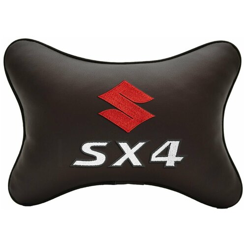 Автомобильная подушка на подголовник экокожа Coffee с логотипом автомобиля SUZUKI SX-4