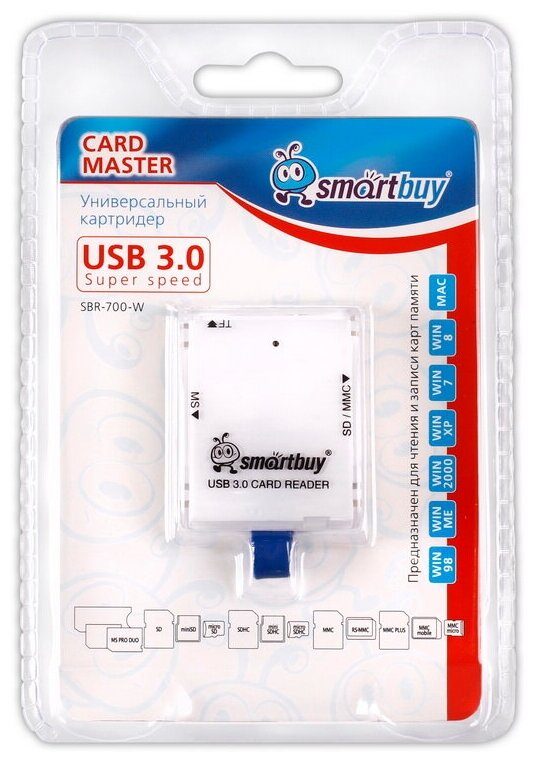 Картридер USB 3.0 SBR-700-W White CD/ MicroCD/MS  SmartBuy