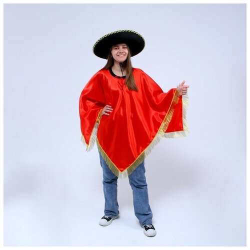 Карнавальный костюм взрослыйМексикашляпа, пончо красное. 9113298 костюм страна карнавалия размер 134 зеленый красный золотистый