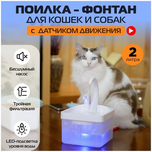 Автоматическая поилка для кошек с датчиком движения, питьевой фонтан объемом 2 литра с фильтром и подсветкой