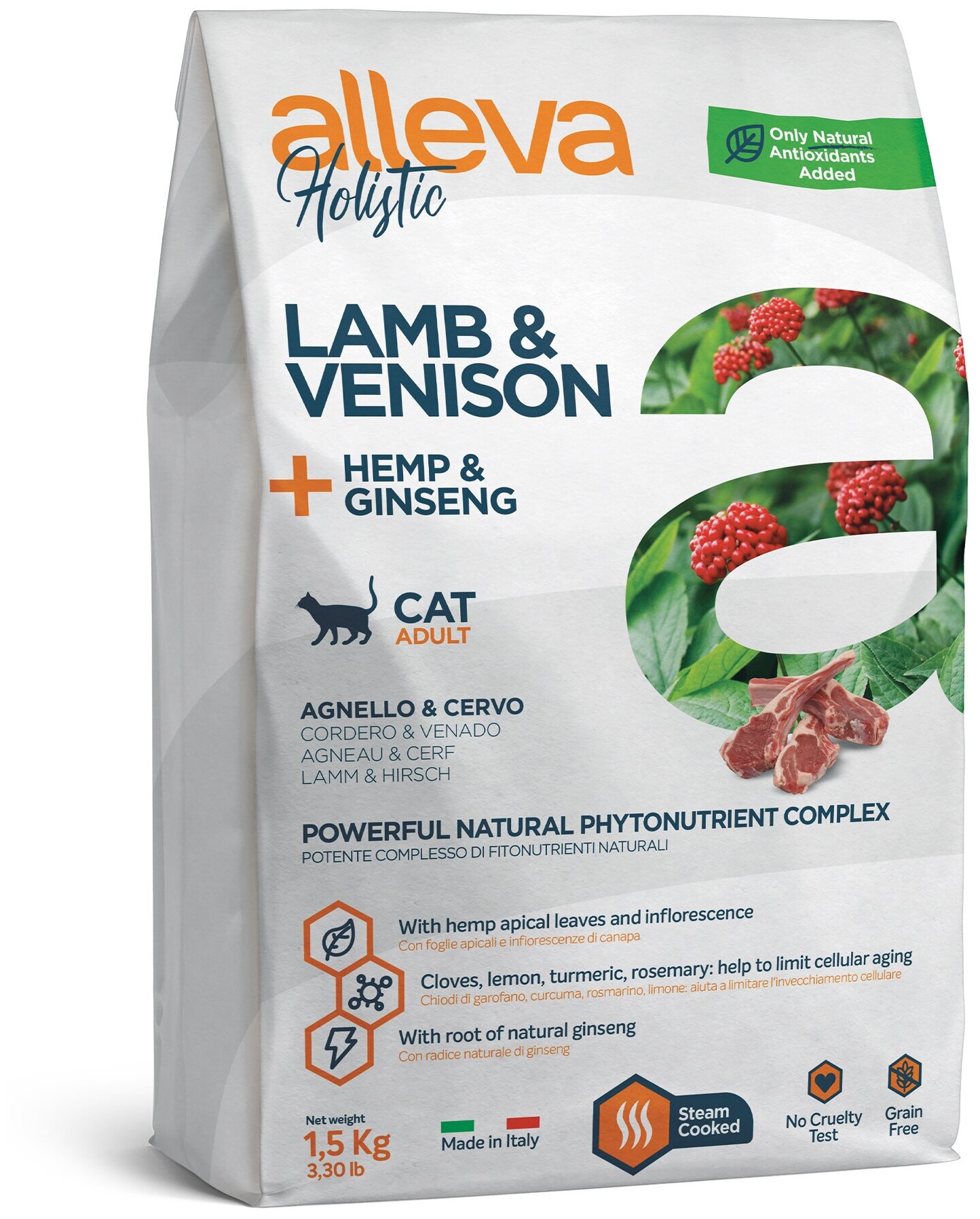 Сухой корм ALLEVA Holistic Cat Adult Lamb & Venison для взрослых кошек с ягненком, олениной и женьшенем, 1,5 кг - фотография № 2