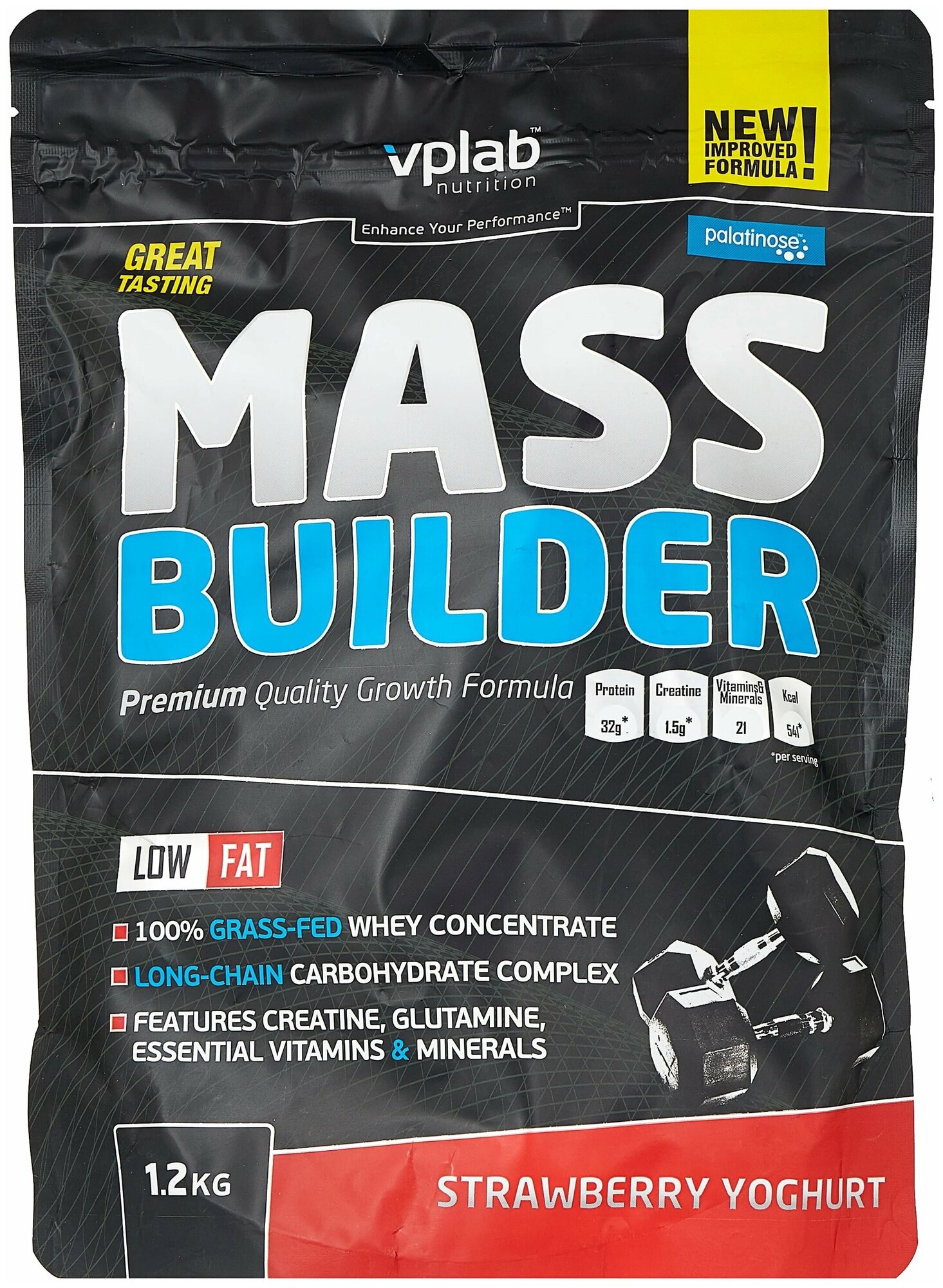 VPLab Nutrition Гейнер Mass Builder, вкус «Клубника и йогурт», 1,2 кг, VPLab