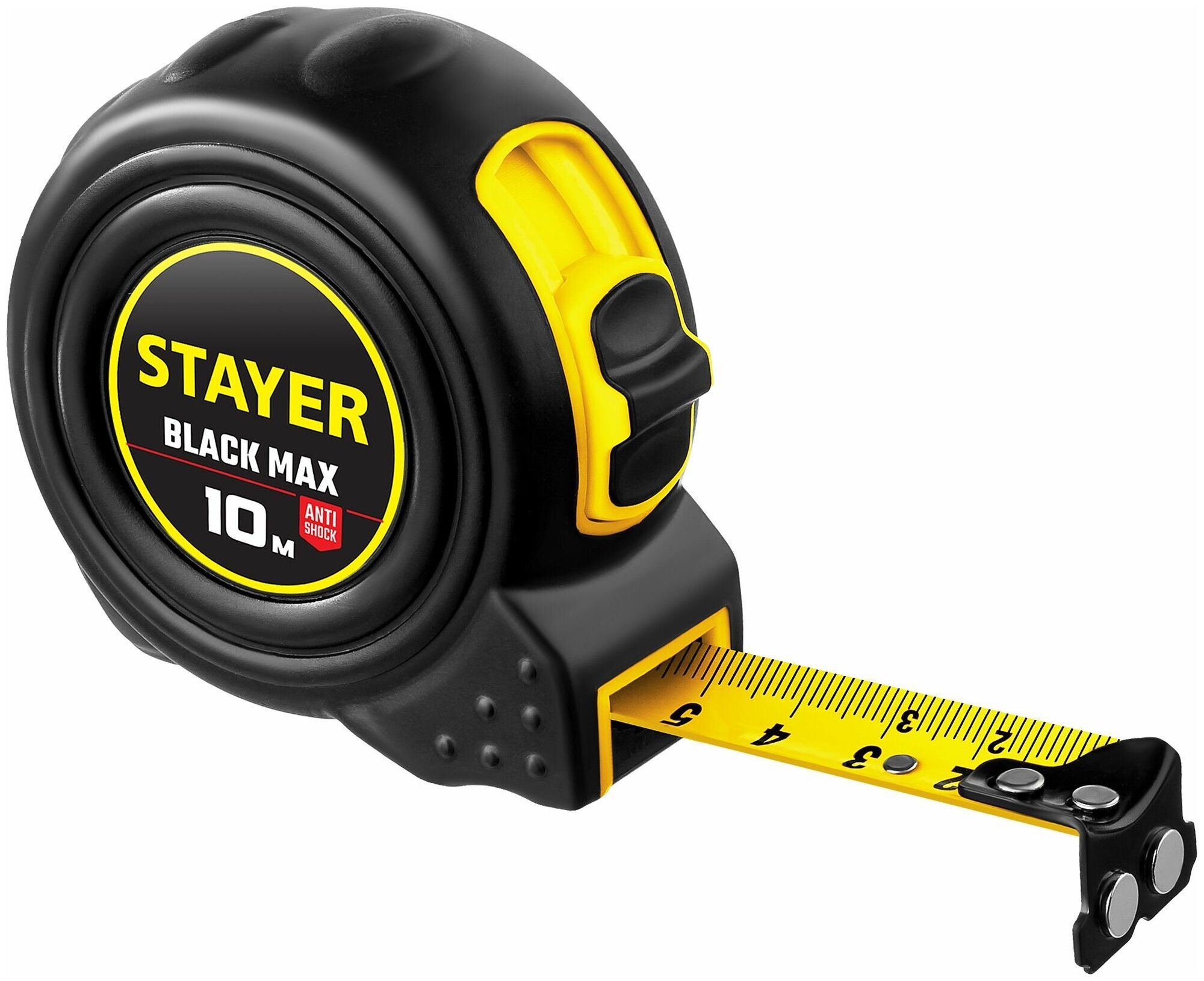 STAYER BlackMax 10м / 25мм рулетка в ударостойком полностью обрезиненном корпусе и двумя фиксаторами