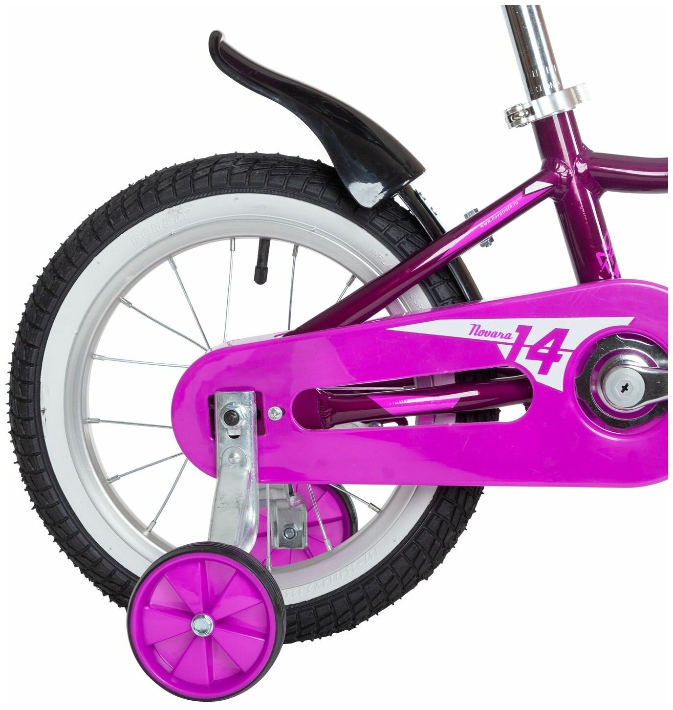 Велосипед NOVATRACK NOVARA 14" (2022) (Велосипед NOVATRACK 14" NOVARA алюм, фиолетовый, пер. руч, зад. нож. тормоз, короткие крылья, полная)