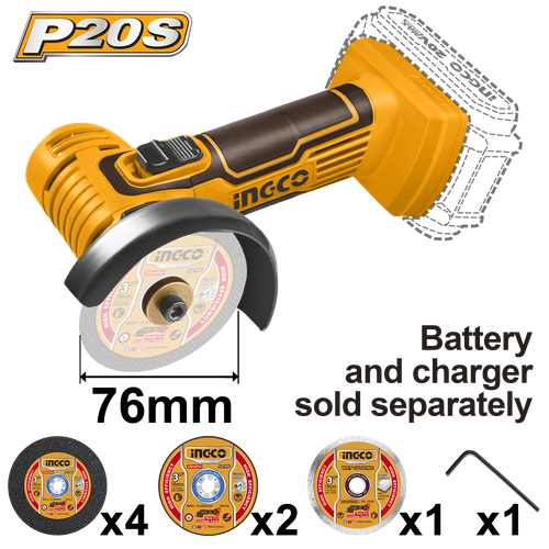 Аккумуляторная мини-угловая шлифовальная машина УШМ INGCO CAGLI7601 INDUSTRIAL 20 В 76 мм 4350₽