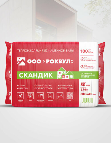 Теплоизоляция Роквул Лайт Баттс Скандик, 50 мм 6 уп 34,56м2 1,78м3 ...