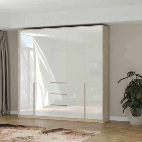 Шкаф для одежды, Пятидверный Версаль, Ш.245 x В.270 x Г.72см, Цвет шкафа: Белый, Корпус: Дуб Золотой Крафт