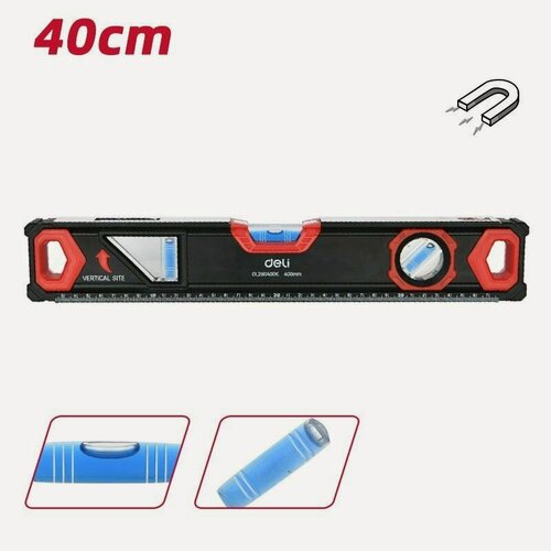 Изображение товара Строительный пузырьковый уровень профессиональный 400мм Deli DL290400K (зеркальный глазок, двухсторонняя фрезеровка, магнит)