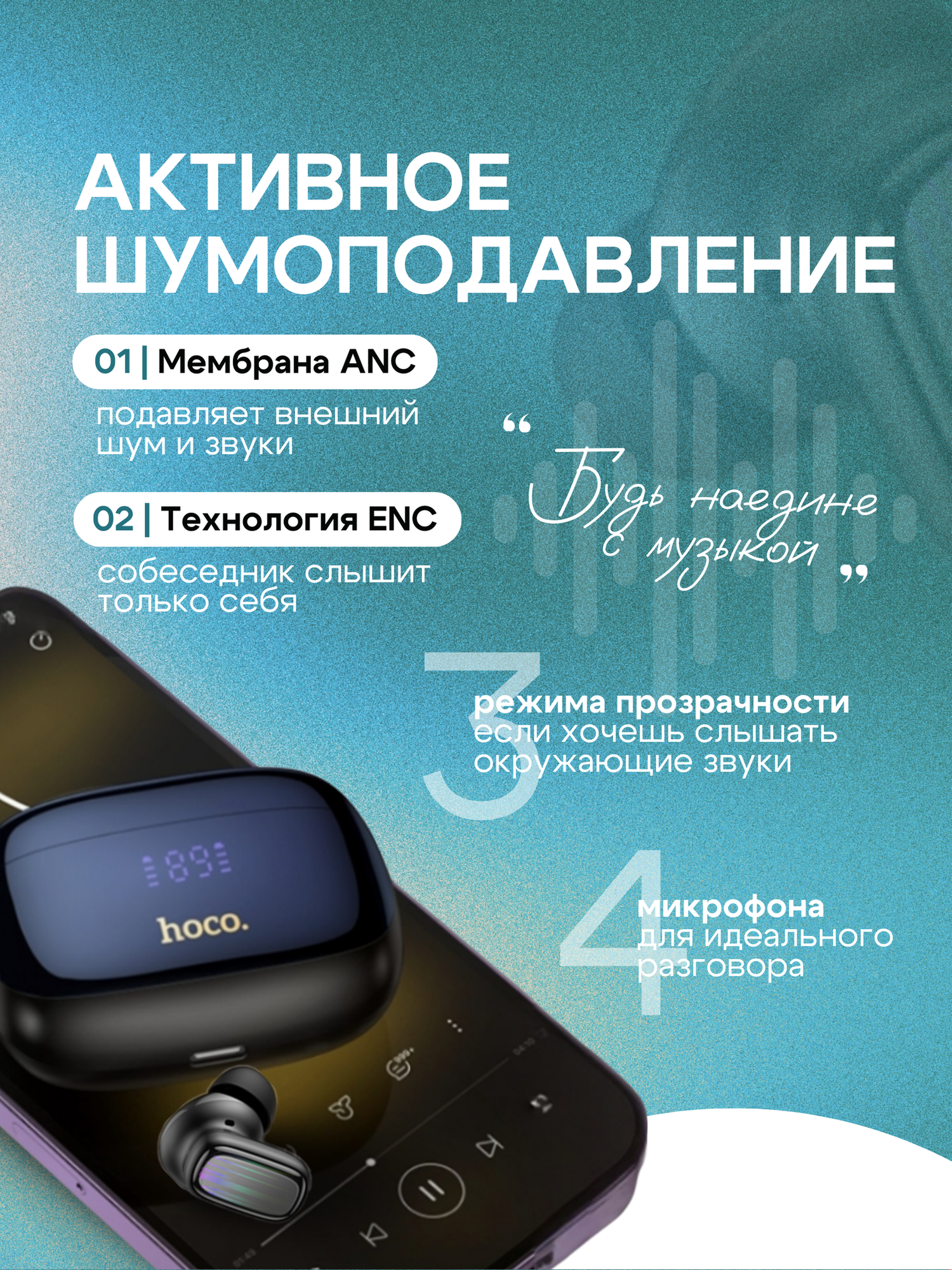 Наушники Hoco EQ20, Bluetooth 5.4, пассивное шумоподавление, время работы 7 ч — фото 1