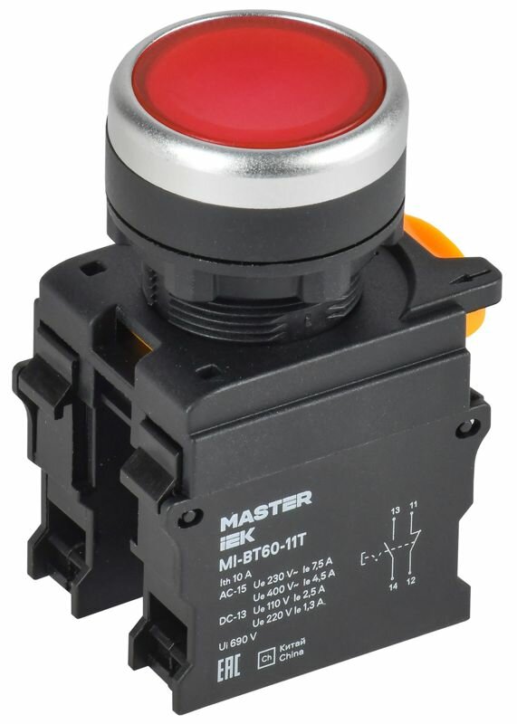 Кнопка d22мм 1НО+1НЗ MASTER с фиксацией красн. IEK MI-BT60-11T-3-21-K04