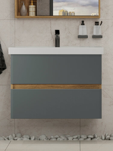 Изображение товара Тумба подвесная SanStar Graffa 70 с раковиной Грейс 70 (комплект) для ванной комнаты Дуб вотан, графит софт