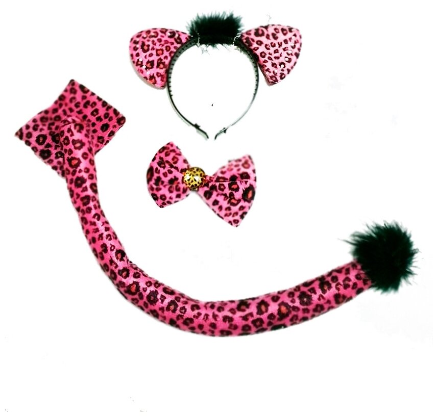 Набор карнавальный 3 предмета ободок с ушами + хвост + бабочка розовый леопард
