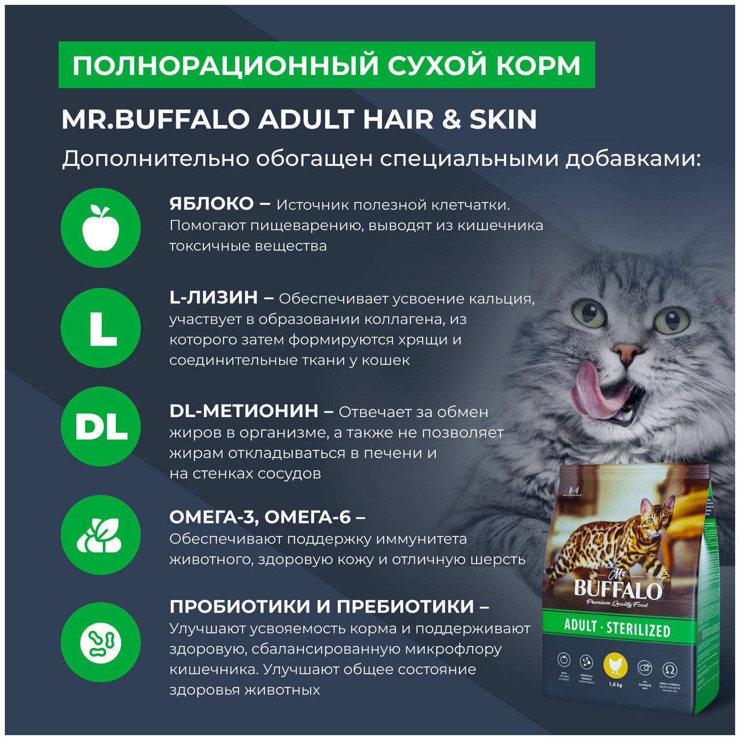 Сухой корм для кошек Mr.Buffalo STERILIZED курица 1,8кг - фотография № 6