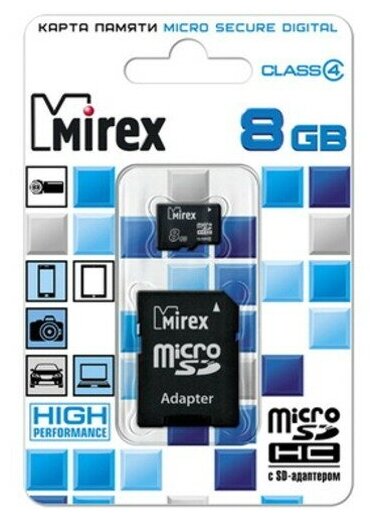 Карта памяти microSDHC Mirex 8 Гб класс 4 - с адаптером SD