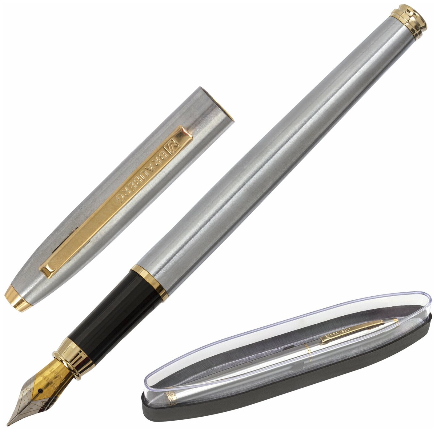 Ручка бизнес-класса перьевая Brauberg Brioso, синяя, корпус серебристый с золотистыми деталями, линия письма 0,25 мм (143464)