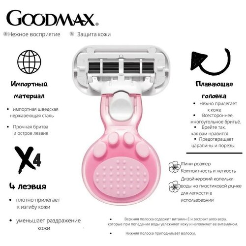 GoodMax бритва. Компактная бритва с 4-мя лезвиями для женщин. Розовый. 3 сменные кассеты