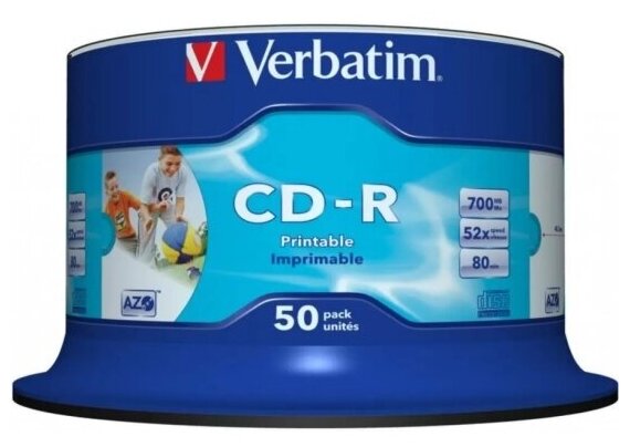 Диск Verbatim CD-R 700Mb 52x Cake Box (50шт) Printable (43438)