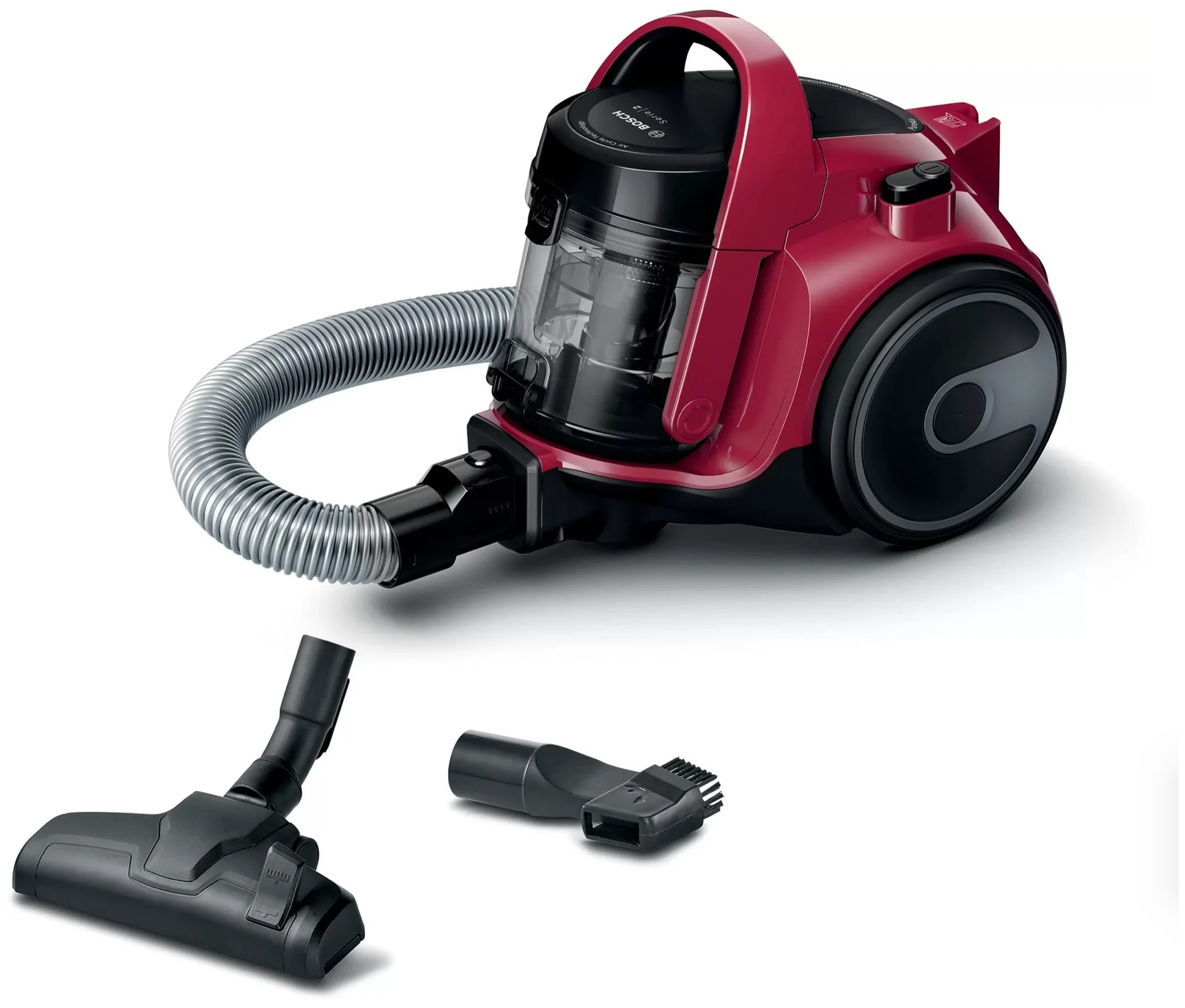 Пылесос Bosch. 2 ступени фильтрации автоматическое сматывание шнура 700Вт красный
