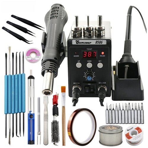 Паяльная станция термофен фен 8586 220В с феном 700Вт и паяльником 60Вт с регулировкой инструментами сменными насадками для SMD компонентов У 547700₽