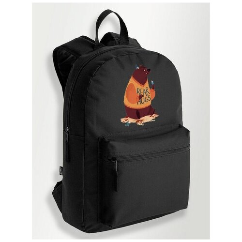 Черный школьный рюкзак с DTF печатью Медведь Птички, Сказки, Скетчи, Головастики - 1003