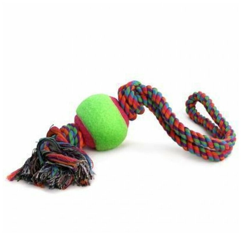 Triol игрушка для собак "Верёвка с петлей, 2 узла и мяч", d 65/450 мм - фотография № 4