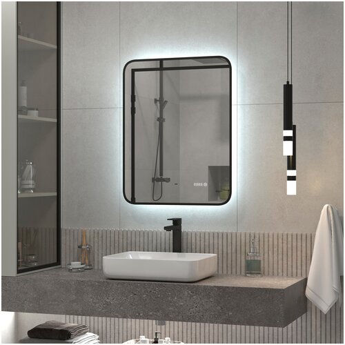 Зеркало для ванной с фоновой подсветкой, диммером и часами Reflection Black View черное 600х700 RF4002BV